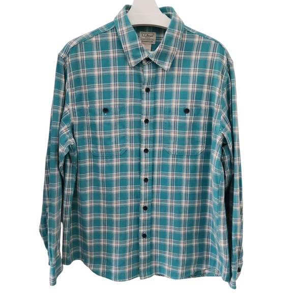 L.L. BEAN Teal Plaid Flannel Shirt traditional fit men's size medium - Picture 2 of 13